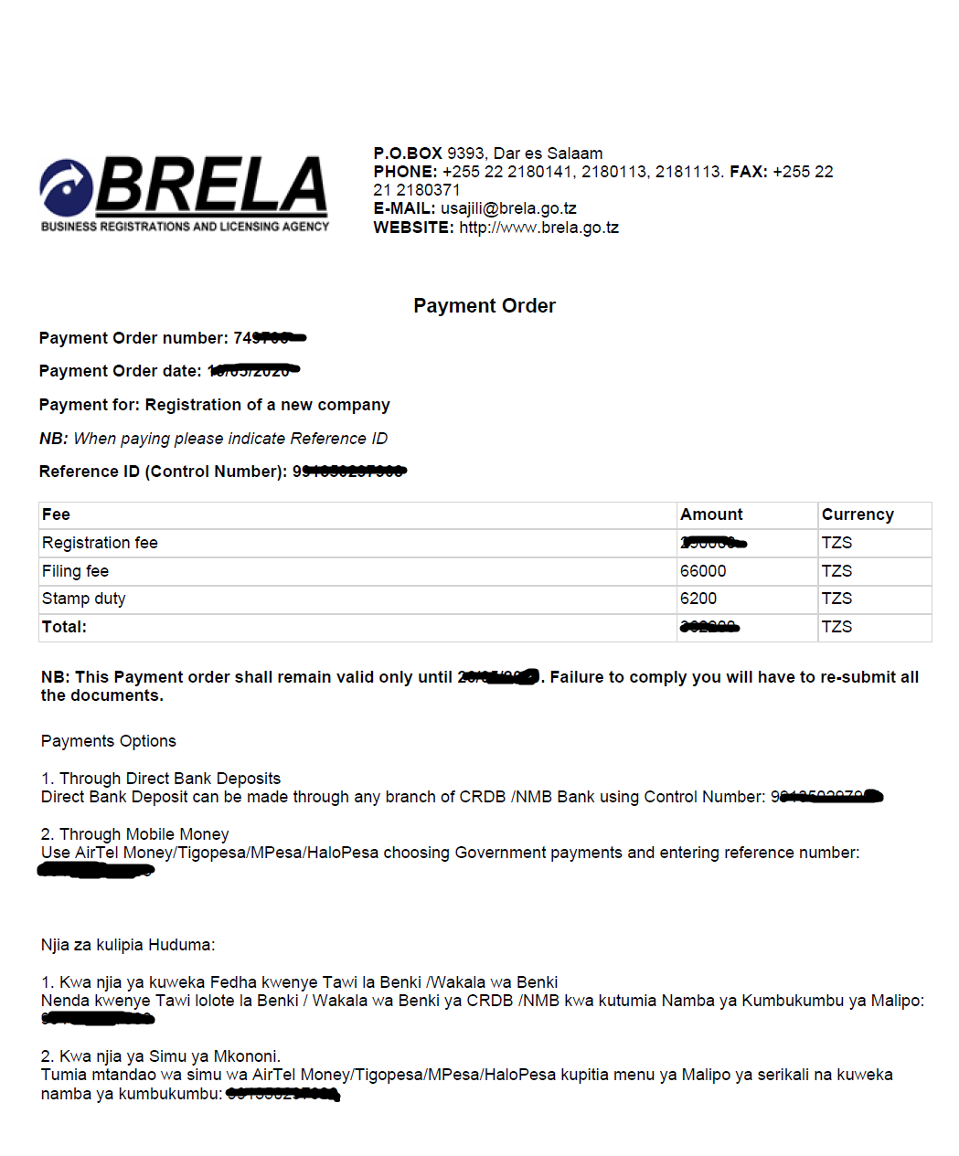 Brela ORS company registration payment order
