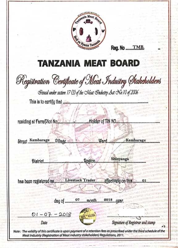 Meat export - TMB registration certificate