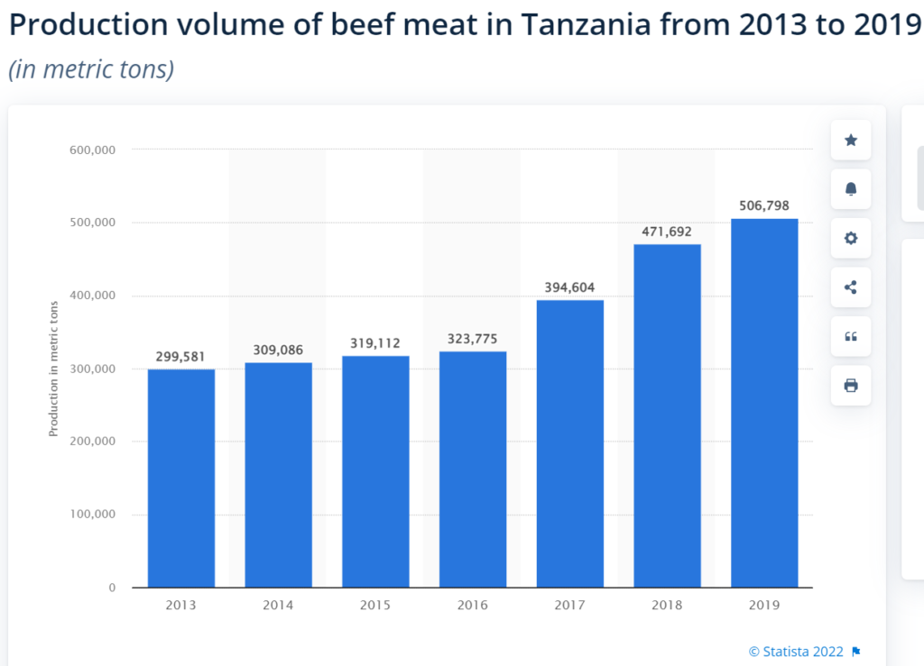 Production volume of beef meat in Tanzania from 2013 to 2019